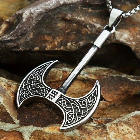 Double Sided Viking Norse Axe Necklace Stainless Steel - Picture 2 of 11